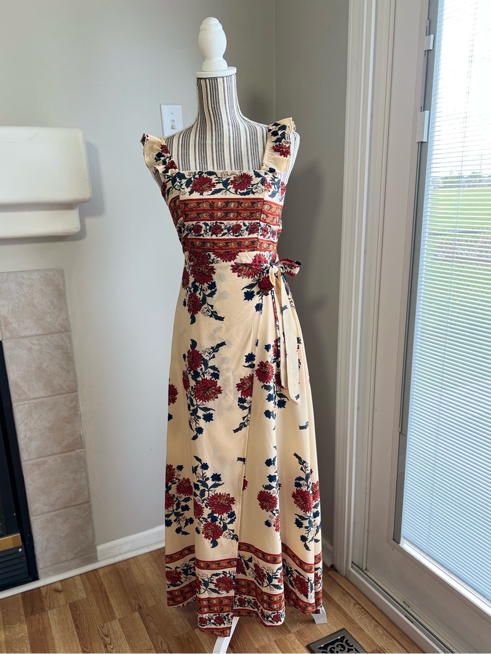Floral Ruffle Strap Maxi Dress in Cream with Red/Rust and Navy Floral